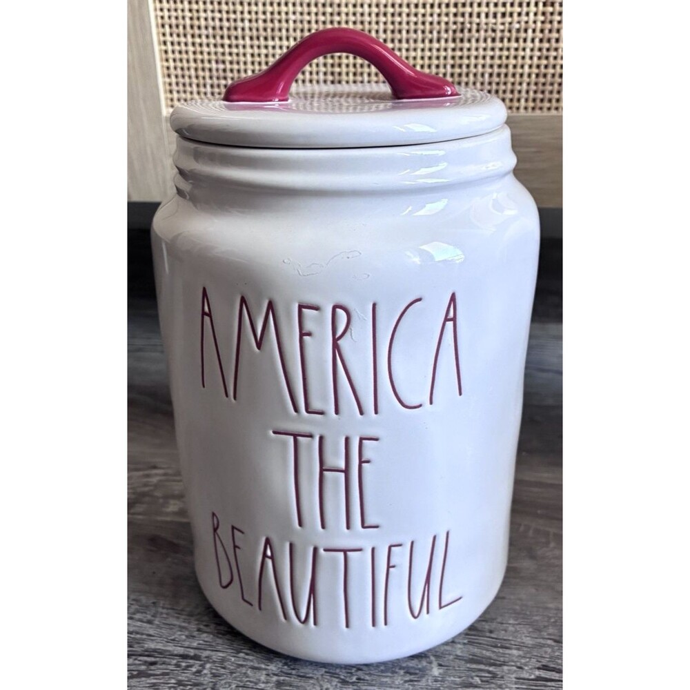 Rae Dunn America The Beautiful Canister Jar Red White Patriotic Ceramic 9"
